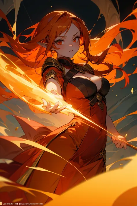 An anime-style woman with long, flowing bright orange hair stands in an enchanting forest, her fiery red dress accentuating her voluptuous figure. She has sharp, elven features and pointed ears, with a confident, serene expression. Her eyes glow with inten...