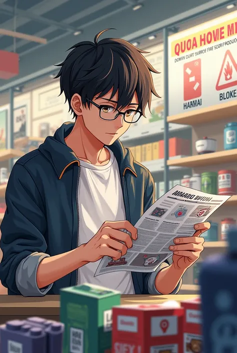 Make a man anime poster carefully comparing and choosing what to buy at store between the real and fake products show the products and he is reading about an article showing what is real and fake product 