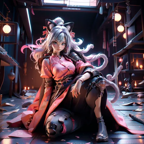 Moisturized Skin, (blue eyes), Realistic body, (Adult female body), Energetic, 3DCG, front, Pink lipstick, (Silver Hair), ((Cat ear)), Beautiful Hair, Long Hair, ponytail, (((Samurai Armor: 1.3))), ((masterpiece + Highest quality + High resolution + Very d...