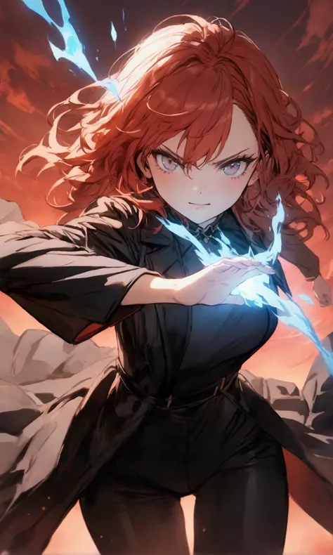 aesthetic background, best quality, perfect quality, cute face, girl fighting, beautiful background scenery of red sky behind her, red messy hair, white eyes, she’s serious, black tight shirt, black pants, black coat, blue fire powers