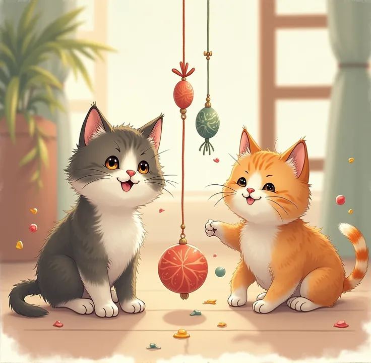 Cats love to play with string and toys,  
They bring such simple, quiet joys.  
With a flick of a paw and a playful swipe,  
They keep the fun going, day and night.