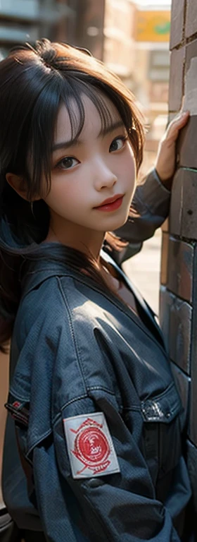 Asian woman in a blue jacket leaning against a wall, Face close-up, Side light