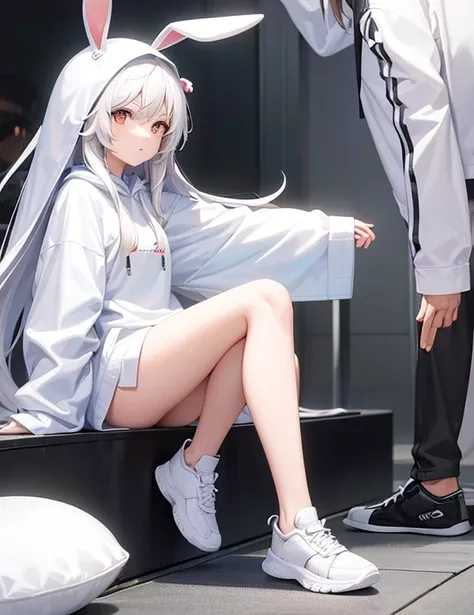 1 female,White Bunny Hoodie,Het Fong,Black and white sneakers,Are standing