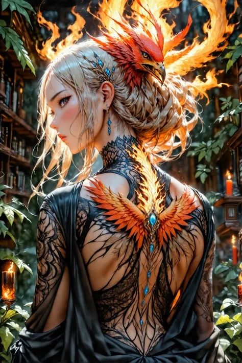 watercolor art, fantasy art, goth art, a picture of a tattoo on the back of a female elf, a glowing tattoo of a ((phoenix: 1.3)) on the elfs back, the ((phoenix tattoo)) is vivid, intricate detailed coming to life from the ink to real life, ((fire surround...