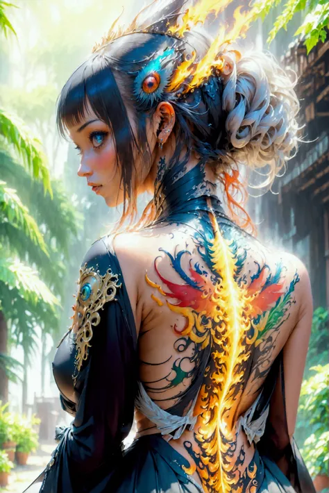 watercolor art, fantasy art, goth art, a picture of a tattoo on the back of a female elf, a glowing tattoo of a ((phoenix: 1.3)) on the elfs back, the ((phoenix tattoo)) is vivid, intricate detailed coming to life from the ink to real life, ((fire surround...