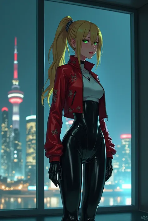 The image is anime style with shadows and dim lights, anime style although somewhat adult and dark, It shows a female android wearing a red jacket with prints and black latex pants and a suit., who appears to be 2, She has blonde hair tied back in a ponyta...