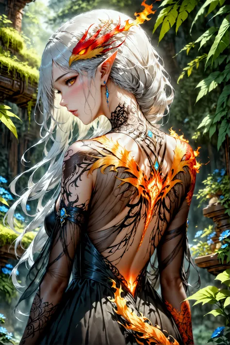 watercolor art, fantasy art, goth art, a picture of a tattoo on the back of a female elf, a glowing tattoo of a ((phoenix: 1.3)) on the elfs back, the ((phoenix tattoo)) is vivid, intricate detailed coming to life from the ink to real life, ((fire surround...