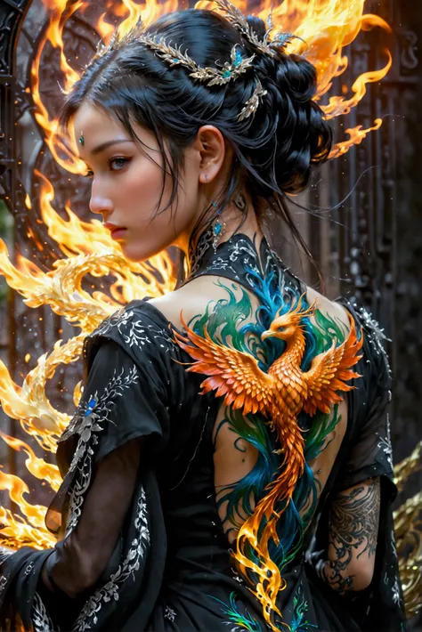 watercolor art, fantasy art, goth art, a picture of a tattoo on the back of a female elf, a glowing tattoo of a ((phoenix: 1.3)) on the elfs back, the ((phoenix tattoo)) is vivid, intricate detailed coming to life from the ink to real life, ((fire surround...