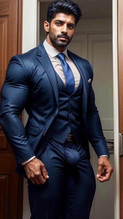 Handsome Vikram Raghavan Indian GURJAR man in tight formal suit and little trouser pull down with hand, huge bulge, head to thigh, from front view, realistic, hd, hdr, detailed pictures, originality 