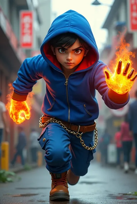 Boy age 16, latin, brown eyes, deep and cute eyes, royal blue hoodie, the hoodie hood is red into, right demon arm, right arm on flames, japanese street style, belt with a blue and red ying yang, chains around the belt, athletic, magic powers, action, cunn...