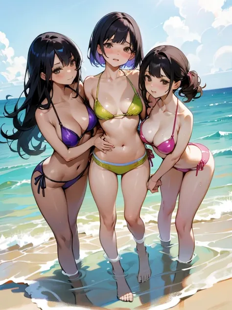 3girls, sisters, cuddling, annoyed, different body types, colored bikinis, beach, sunny day, standing, wet bodies, looking at viewer