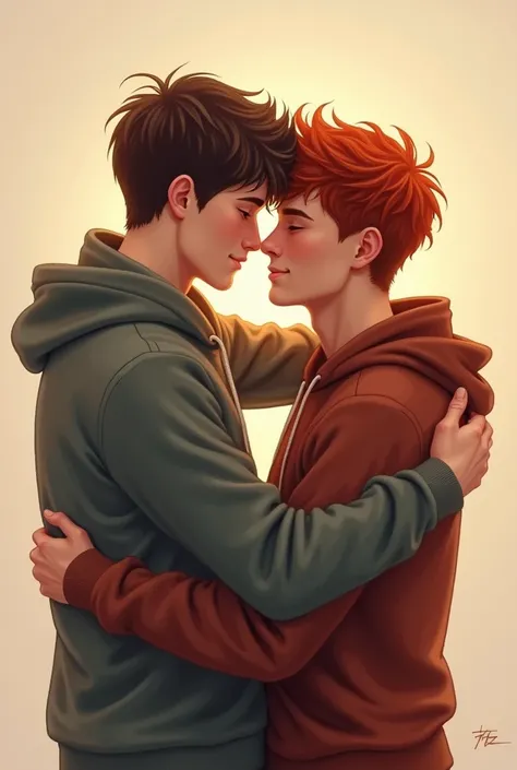 Create a book cover featuring two men hugging each other., They both have 16, One is redhead and the other is brown-haired, pale skin 