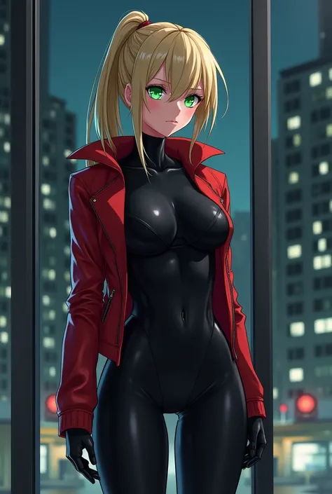 The image is anime style with shadows and dim lights, anime style although somewhat adult and dark, It shows a female android wearing a red jacket and black latex pants and suit., who appears to be 2, She has blonde hair tied back in a ponytail, with green...