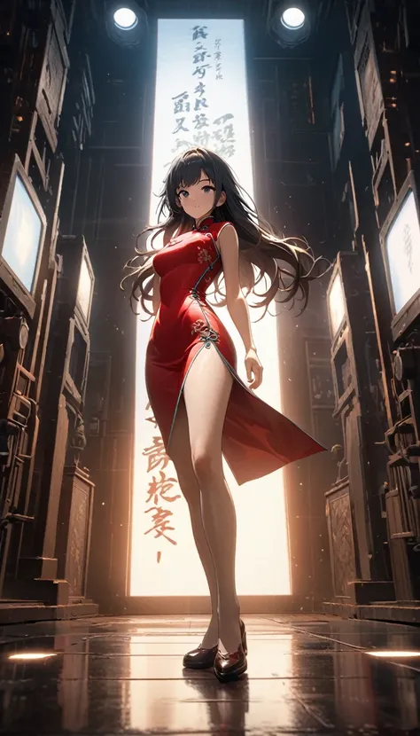 Cheongsam Girl，Long Hair，Pure white background，Depth of written boundary，Low angle view，Calf Level View，Overclocked Renderer，Cinema Lighting，Ultra-fine，Very detailed，complicated，Cinematic Perspective，CG Art，Side zipper