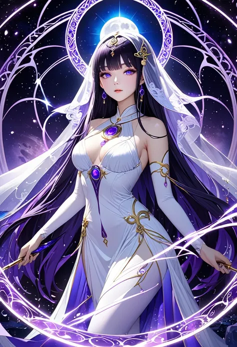 Temple of the Night。Blue Full Moon。Purple Magic Circle。Divine Veil of Light。mysterious。goddess。White thin clothing。purple ornaments。