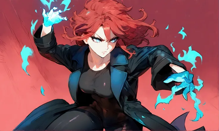 aesthetic background, best quality, perfect quality, cute face, girl fighting, beautiful background scenery of red sky behind her, red messy hair, white eyes, she’s serious, black tight shirt, black pants, black coat, blue fire powers