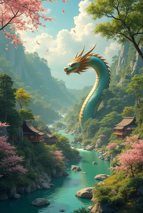 A fairytale Japanese rural landscape, s fairy tale dragon god