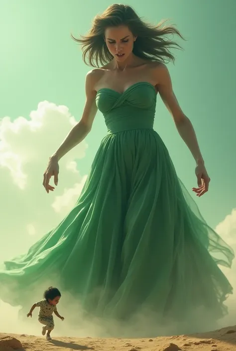 A tiny human runs from a giant green satin elegant wearing women she gets angry grows in size nigger than a building