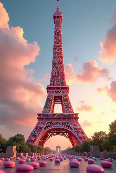 The Eiffel Tower in Paris is made entirely of colorful French highly detailed round macaroons with cream. The macarons of the tower must look real, edible, and colorful. not a model but a full-size structure. Emphasize the texture and detail of each macaro...