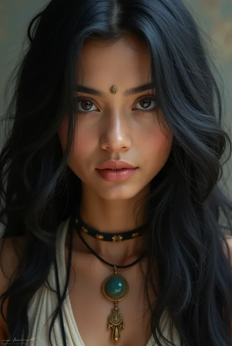 long hair woman, black wavy , of hindu beauty, large and expressive eyes 