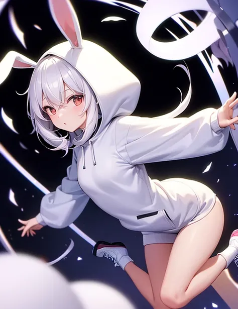 1 female,White Bunny Hoodie,Het Fong,Black and white sneakers,Are standing,whole