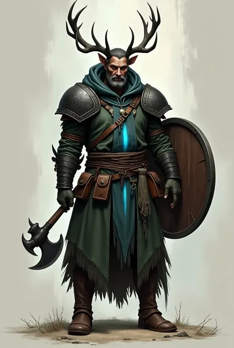 Create me a character for Dungeons and Dragons, a person in the role of a shaman. The character is 30 years, large, not quite as muscular, with a coat and a hood with deer antlers on the hood. No beard and a young face. In his hand an axe. Als Rüstung träg...