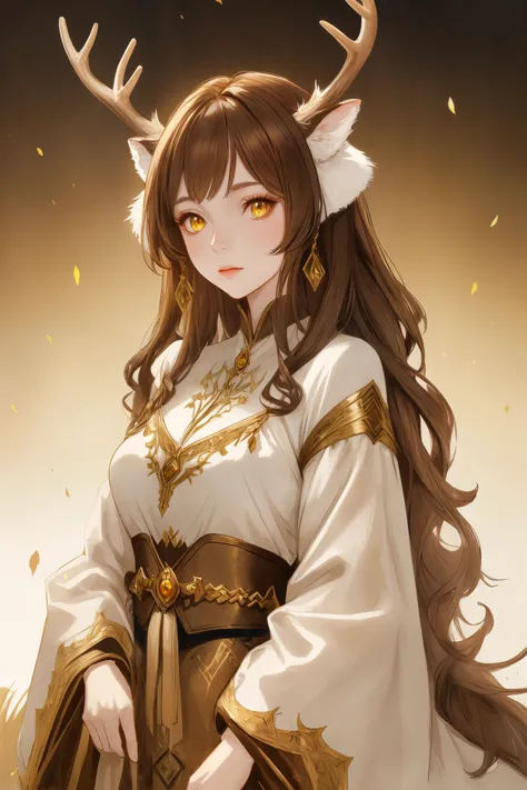 Mature woman, solo female, deer ears, deer girl, deer horns, brown hair, long hair, yellow eyes, pale skin, fantasy clothing, top quality, ultra definition, Illustration, high resolution, fantasy background