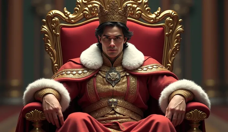 A handsome and young man has become a male king based on a kingdom and sits in the palace with a solemn face with a very strong alpha aura and wears a king&#39;s robe.. 