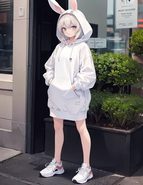 1 female,White Bunny Hoodie,Het Fong,Black and white sneakers,Are standing,whole