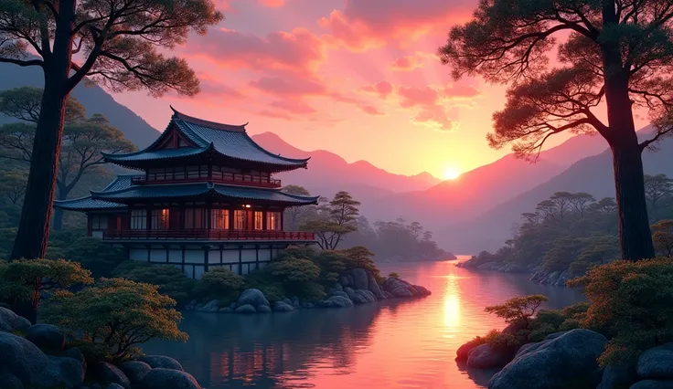 Japanese landscape, realistic rendering, traditional Japanese house in the background, sunset, vivid colors, 8K,