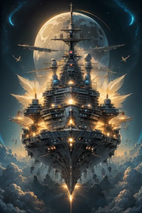 A light sky air battle ship surround by the magician circle with a diamond inside the orb, many shining butterfly, sparkle sky, shining, gust of wind, light bright flowers, sun and moon, dark light of fantastic and cosmological with universal. Amazing view...