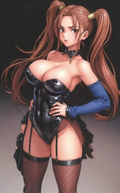 Jessica, with her large breasts, beautiful legs, shoulder-length twin tails, showing her arms and shoulders, and a mature face, is standing in a black high-cut bunny suit and fishnet stockings with her hands on her hips.。