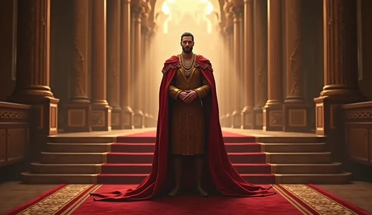 A handsome and young man has become a male king based on the kingdom and stands in the palace with a solemn face with a very strong alpha aura and wears a king&#39;s robe.. 