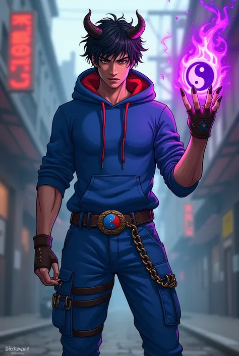 Boy age 20, latin, brown eyes, deep and cute eyes, royal blue hoodie, the hoodie hood is red into, royal blue cargo pants, only right demon arm with black horns, only right arm on violet flames, cyberpunk japanese style, belt with a blue and red ying yang,...