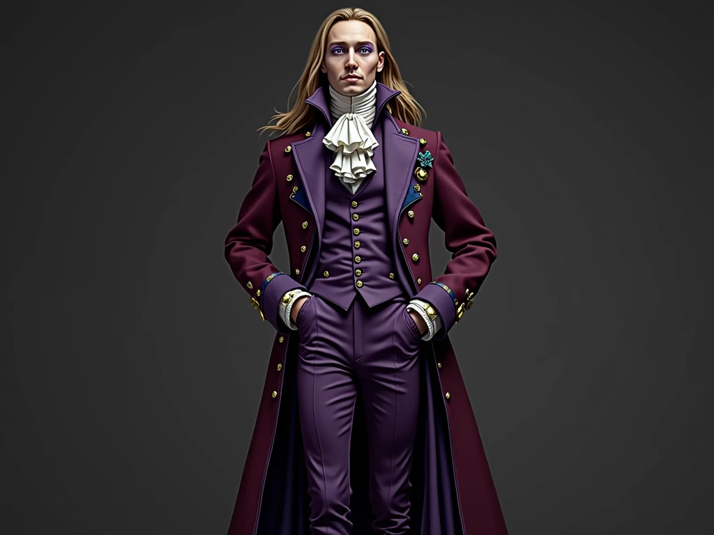 Pale and tall man, Appears to be 30-3.long light brown hair with golden highlights, Thin gray-blue eyes with dark purple eyeshadow and noticeably high cheekbones. His clothes are in Victorian style, old, Long dark burgundy jacket with lavender lining and g...