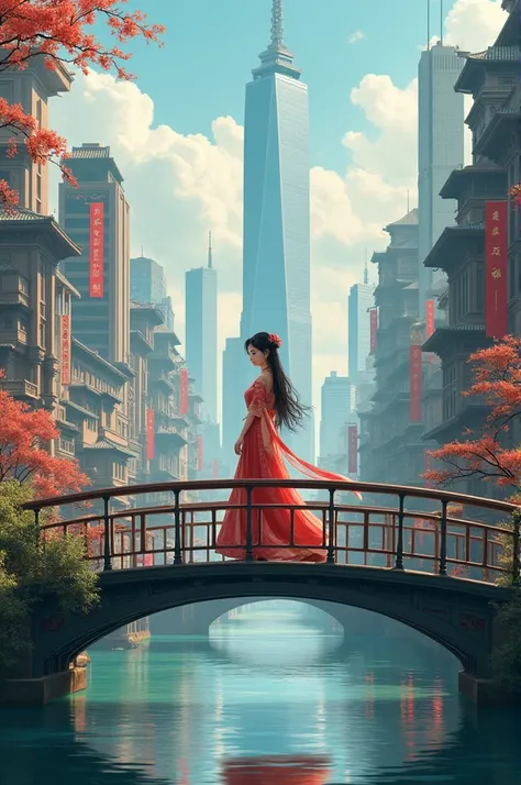 Asian woman walking on a bridge in the city