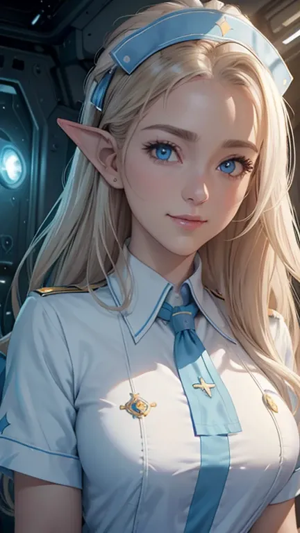 masterpiece, Highest quality, Highly detailed CG Unity 8K wallpapers,((Upper body portrait)), ((Spacecraft infirmary)), (Long pointy ears), Elegant long wavy platinum blonde hair, ((Average Chest Circumference, Self-illuminating skin)), ((Light blue nurse ...