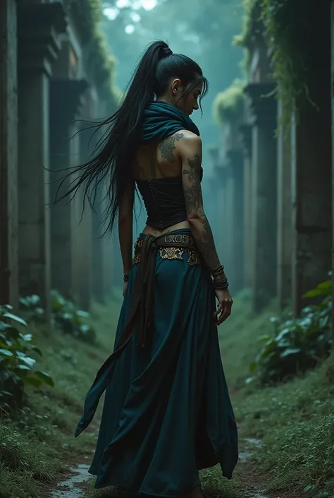 night, very dimly lit, highly detailed, intricate, random view angle, skinny female warrior, extensively tattooed with runes, confidence, asserted, lost in thoughts, exhausted, disappointed, fantasy futuristic mixed setting, extremely long voluminous hair,...