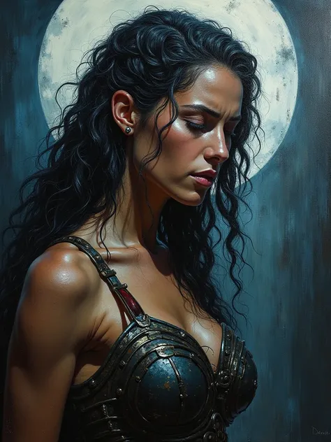 acrylic splash painting, close-up a beautiful Amazon woman wearing armor with sad face, side view, chaos, dark ambient, smokie, mystery, full moon.