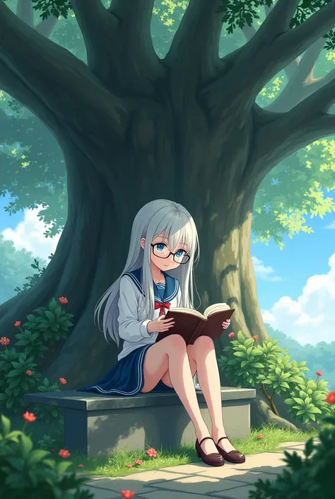 A white-haired, ice-blue-eyed, thin glasses-wearing, pale-skinned anime ladies in a magic high school uniform is reading a book sitting Sitting on the divider a garden under a shady banyan tree.