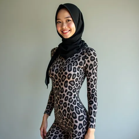 The beautiful and thin asian muslumah adult girl with beautiful cheeks wears grey sunda clouded leopard print lycra turtleneck unitard catsuit covered with spots and grey sunda clouded leopard print lycra elastane stretchy dancewear 100% stretchy hijab cov...