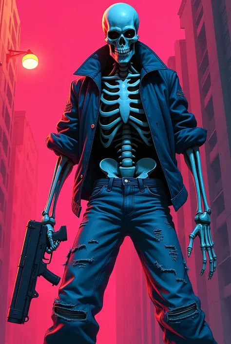 make a skeleton with baggy jeans pointing a gun and make it shine and make it 2D