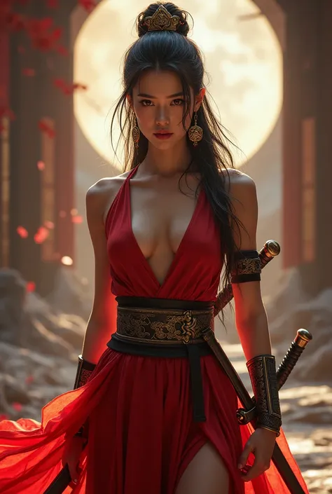 samurai woman, ((masterpiece, highest quality, Highest image quality, High resolution, photorealistic, Raw photo, 8K)), ((Extremely detailed CG unified 8k wallpaper)), (huge stunning goddess shot, very hot and sexy, wish swords, sexy samurai red dress, rev...