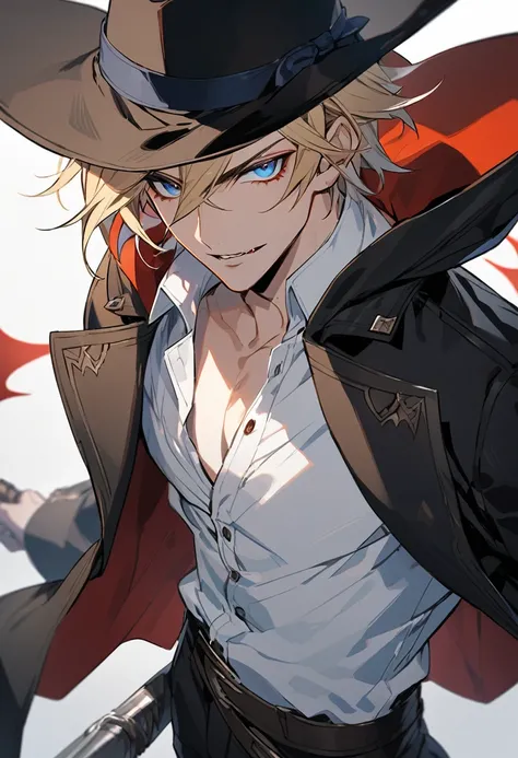 solo, handsome, 1 male, short hair, blond hair, blue eyes, white shirt, black coat, vampire hunter