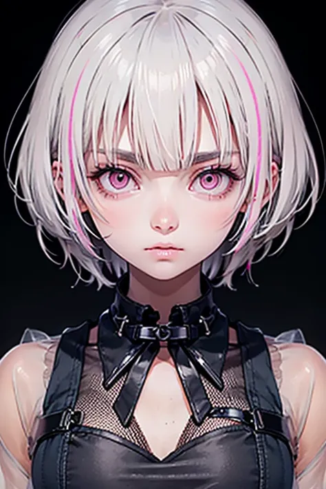 silver-haired woman、fair skin、short hair、light pink mesh、pale pink eyes、expressionless、（highest quality）