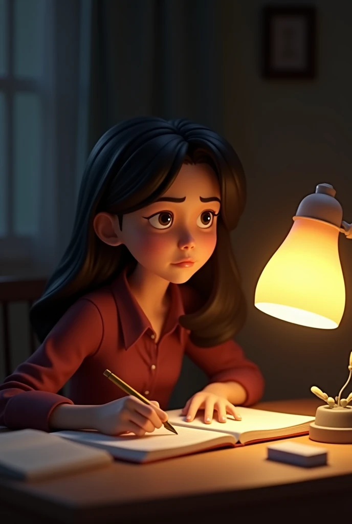 In 3d animation style "Sumana studying late into the night with a dim lamp illuminating her face."