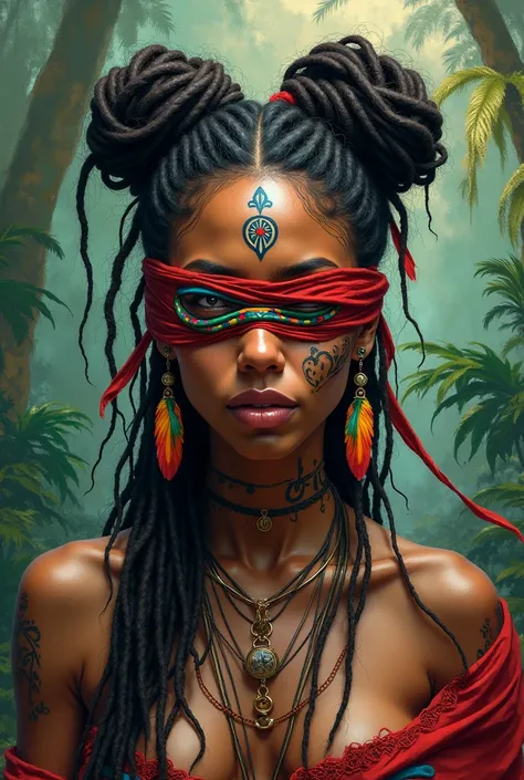 Portrait of a wild indigenous woman with tattoos on her face and colored blindfolds over her eyes  , ayant un anneaux dans le nez tel un piercing, cheveux cmi long avec des locks deux chignons sur la tete, plume au oreilles  dans la jungle peinture coloré ...