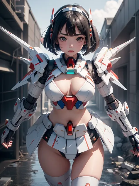 (highest quality)), ((masterpiece)), (very detailed: 1.3), 3d, {(japanese young girl)}, ((wears a futuristic Gundam mecha)),(Gundam), with headgear, with v-fin , ((unarmored cleavage)), ((unarmored stomach)), ((unarmored upper arms)), ((unarmored face)), (...