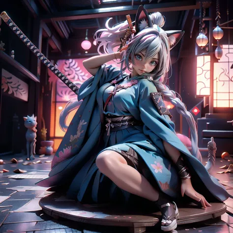 Moisturized Skin, (blue eyes), Realistic body, (Adult female body), Energetic, 3DCG, front, Pink lipstick, (Silver Hair), ((Cat ear)), Beautiful Hair, Long Hair, ponytail, (((Samurai Armor: 1.3))), ((masterpiece + Highest quality + High resolution + Very d...