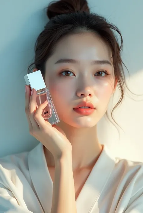 One Chinese holds a perfume bottle in one hand，Place it next to your face，Take a photo of the razor brand，ad campaign，H3H3，Taoist，shot of，beauty retouch，Cool and bright tones，Dua Lipa，Official Product Pictures，inspired by Luo Ping，Clean face and body skin